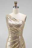 Sparkly Gold Mermaid One Shoulder Ruched Long Formal Dress with Slit