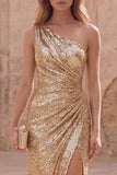 Sparkly Gold Mermaid One Shoulder Ruched Long Prom Dress with Slit
