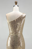 Sparkly Gold Mermaid One Shoulder Ruched Long Formal Dress with Slit