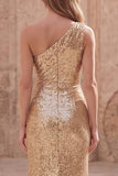 Sparkly Gold Mermaid One Shoulder Ruched Long Prom Dress with Slit