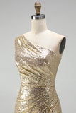 Sparkly Gold Mermaid One Shoulder Ruched Long Formal Dress with Slit