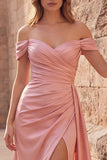 Pink A-Line Off the Shoulder Ruched Satin Long Prom Dress with Slit