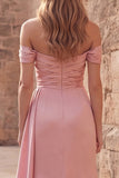 Pink A-Line Off the Shoulder Ruched Satin Long Prom Dress with Slit