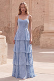 Dusty Blue A-Line Spaghetti Straps Ruffled Tiered Lace Maxi Dress with Appliques