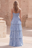 Dusty Blue A-Line Spaghetti Straps Ruffled Tiered Lace Maxi Dress with Appliques