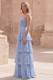 Dusty Blue A-Line Spaghetti Straps Ruffled Tiered Lace Maxi Dress with Appliques
