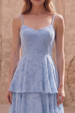 Dusty Blue A-Line Spaghetti Straps Ruffled Tiered Lace Maxi Dress with Appliques