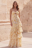 Yellow Flower Mermaid Sweetheart Hollow Ruffled Tiered Long Prom Dress