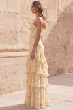 Yellow Flower Mermaid Sweetheart Hollow Ruffled Tiered Long Prom Dress