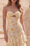 Yellow Flower Mermaid Sweetheart Hollow Ruffled Tiered Long Prom Dress