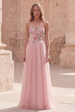 Sparkly Pink A-Line Sweetheart Appliqued Tulle Prom Dress with Beading