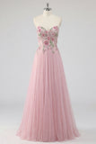 Sparkly Pink A-Line Sweetheart Appliqued Tulle Prom Dress with Beading