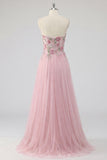 Sparkly Pink A-Line Sweetheart Appliqued Tulle Prom Dress with Beading
