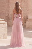 Sparkly Pink A-Line Sweetheart Appliqued Tulle Prom Dress with Beading