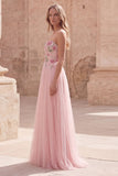 Sparkly Pink A-Line Sweetheart Appliqued Tulle Prom Dress with Beading