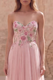 Sparkly Pink A-Line Sweetheart Appliqued Tulle Prom Dress with Beading
