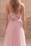Sparkly Pink A-Line Sweetheart Appliqued Tulle Prom Dress with Beading