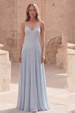 Sky Blue A-Line Spaghetti Straps Pleated Long Prom Dress