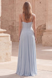 Sky Blue A-Line Spaghetti Straps Pleated Long Prom Dress