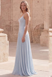 Sky Blue A-Line Spaghetti Straps Pleated Long Prom Dress