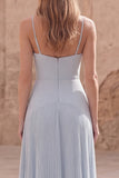 Sky Blue A-Line Spaghetti Straps Pleated Long Prom Dress