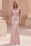 Pink Mermaid Spaghetti Straps Satin Long Formal Dress with Lace-up Back