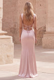 Pink Mermaid Spaghetti Straps Satin Long Formal Dress with Lace-up Back
