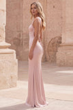 Pink Mermaid Spaghetti Straps Satin Long Formal Dress with Lace-up Back