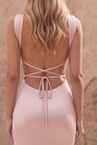 Pink Mermaid Spaghetti Straps Satin Long Formal Dress with Lace-up Back