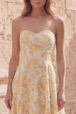 Yellow A-Line Sweetheart Midi Floral Dress with Appliques