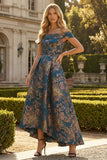 Peacock Blue A Line Off the Shoulder Asymmetrical Floral Formal Dress