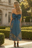 Peacock Blue Strapless A Line Long Floral Formal Dress with Bow