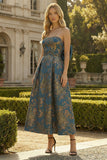 Peacock Blue Strapless A Line Long Floral Formal Dress with Bow