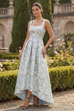 Peacock Blue A Line Sqaure Neck Asymmetrical Floral Dress