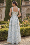 Peacock Blue A Line Sqaure Neck Asymmetrical Floral Dress