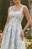 Peacock Blue A Line Sqaure Neck Asymmetrical Floral Dress