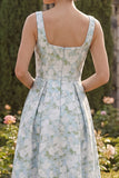 Peacock Blue A Line Sqaure Neck Asymmetrical Floral Dress