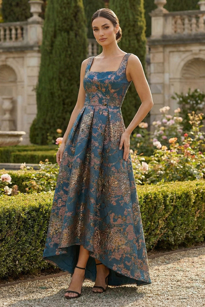 Zapaka Women Peacock Blue Asymmetrical Floral Dress Square Neck A Line