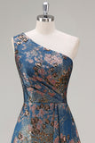 Peacock Blue Jacquare One Shoulder A Line Asymmetrical Floral Dress