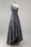 Peacock Blue Jacquare One Shoulder A Line Asymmetrical Floral Dress