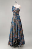Peacock Blue Jacquare One Shoulder A Line Asymmetrical Floral Dress