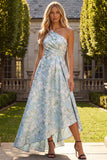 Peacock Blue Jacquare One Shoulder A Line Asymmetrical Floral Dress