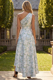Peacock Blue Jacquare One Shoulder A Line Asymmetrical Floral Dress