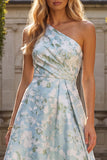 Peacock Blue Jacquare One Shoulder A Line Asymmetrical Floral Dress