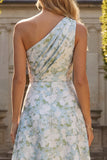 Peacock Blue Jacquare One Shoulder A Line Asymmetrical Floral Dress