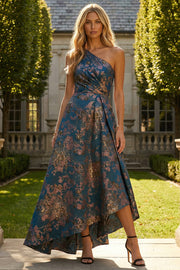 Peacock Blue Jacquare One Shoulder A Line Asymmetrical Floral Dress