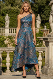 Peacock Blue A Line One Shoulder Asymmetrical Jacquare Formal Dress
