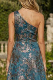 Peacock Blue A Line One Shoulder Asymmetrical Jacquare Formal Dress