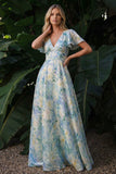 Light Green Floral V-Neck A Line Long Formal Dress