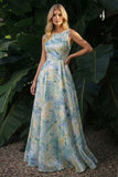 Light Green A Line Boat Neck Floral Long Formal Dress